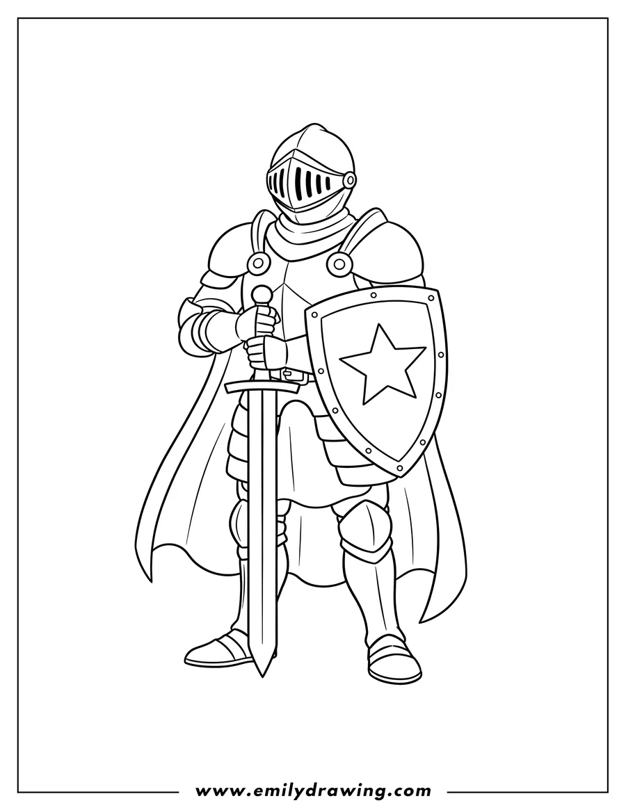 Free printable coloring sheet of easy Knight in full armor holding a sword and shield