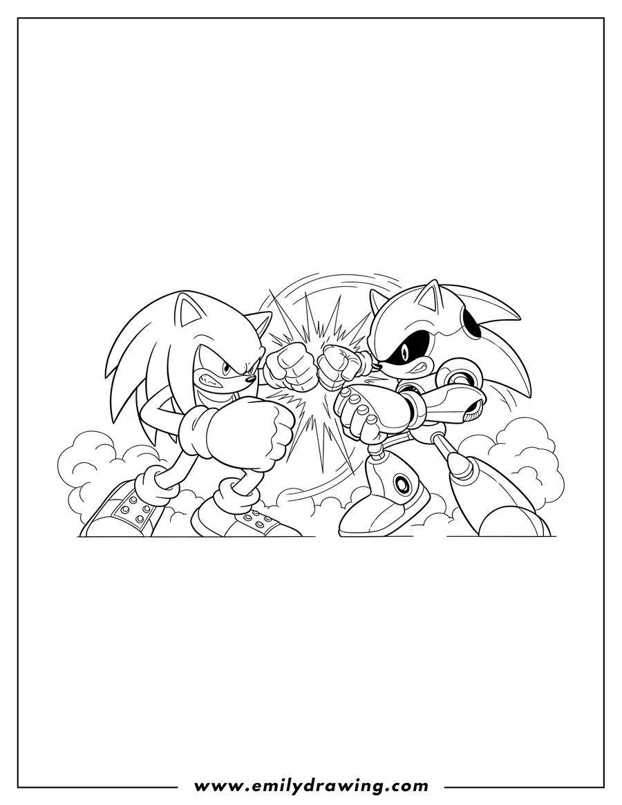 Downloadable coloring page of knuckles and Metal Sonic punching each other