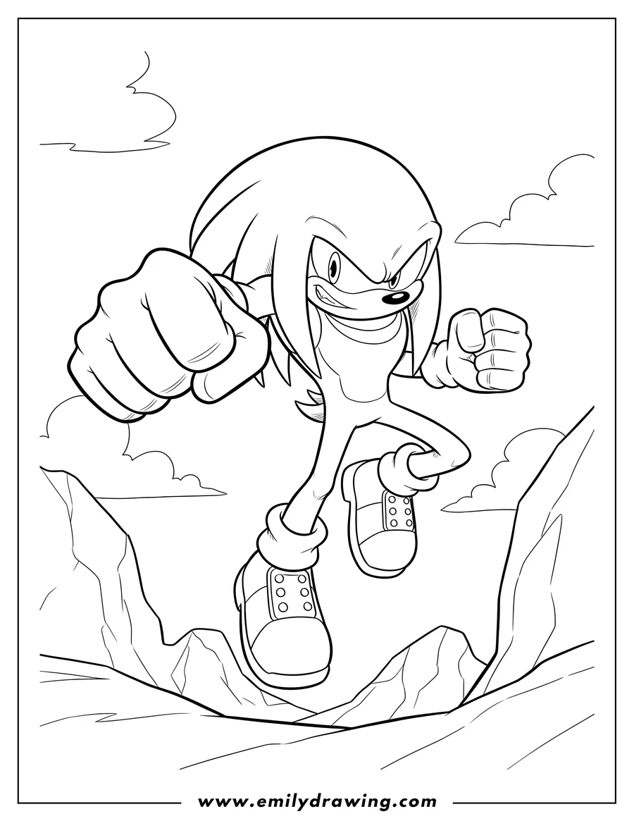 Black and white line art of knuckles Leaping with a confident smirk and one fist extended