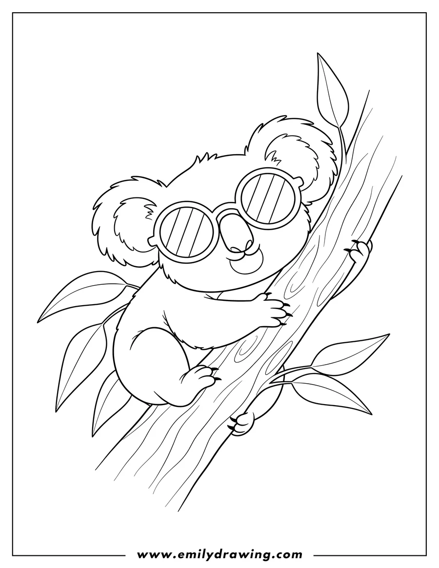 Full page coloring image of easy Koala with sunglasses, *lying relaxed* on a tree branch, *with a gentle smile*, sleeping