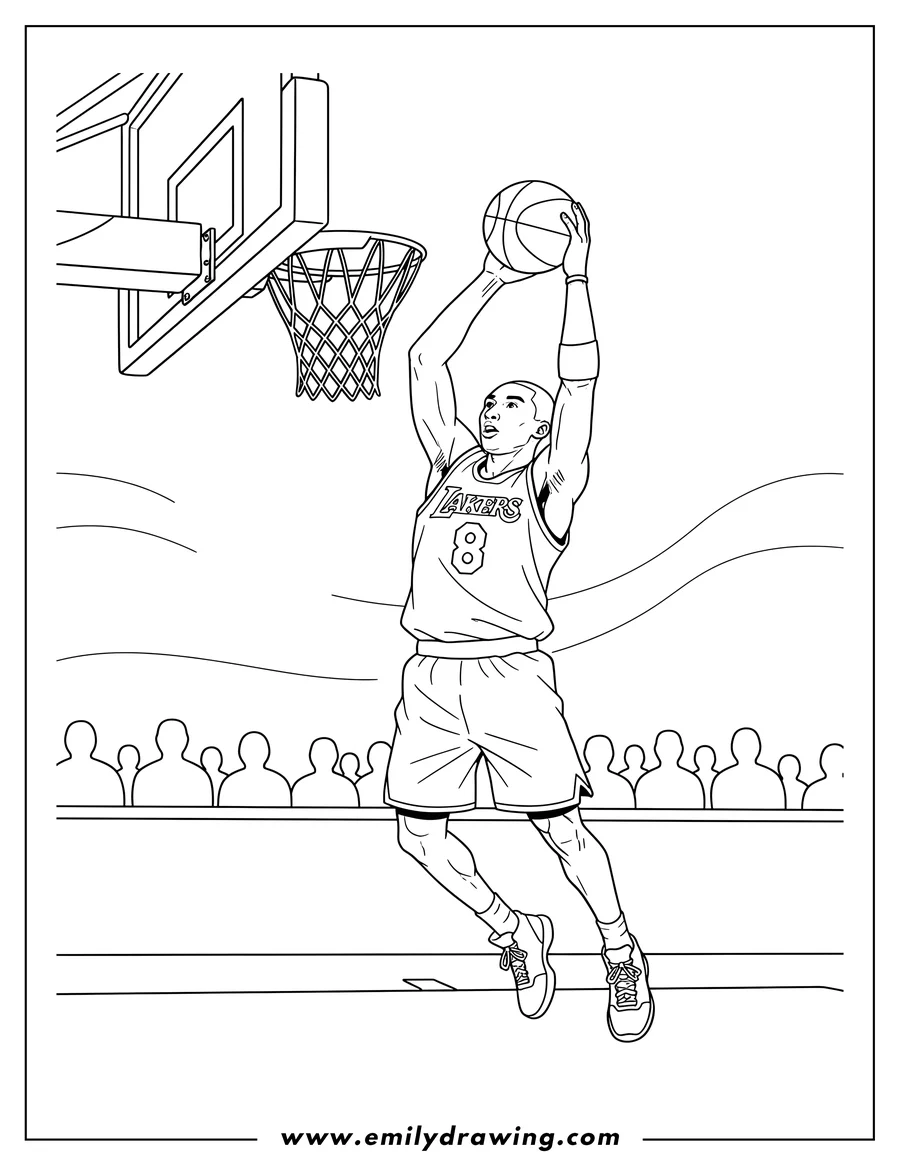 Clean line drawing: kobe Bryant in mid-air, wearing number 8, going for a dunk