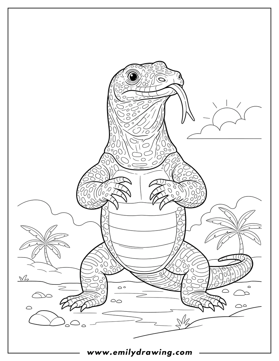 PDF style coloring page: komodo Dragon standing on its hind legs and looking up