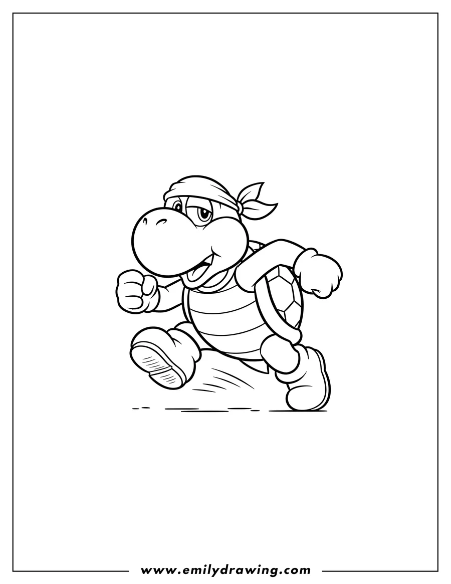 Printable coloring page of koopa Troopa running in a dynamic pose