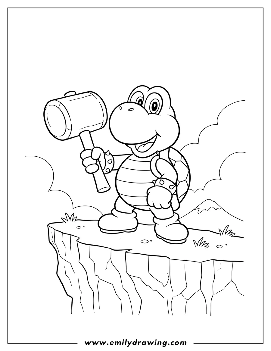 Free printable coloring sheet of koopa Troopa Standing On Cliff, smiling and holding a hammer