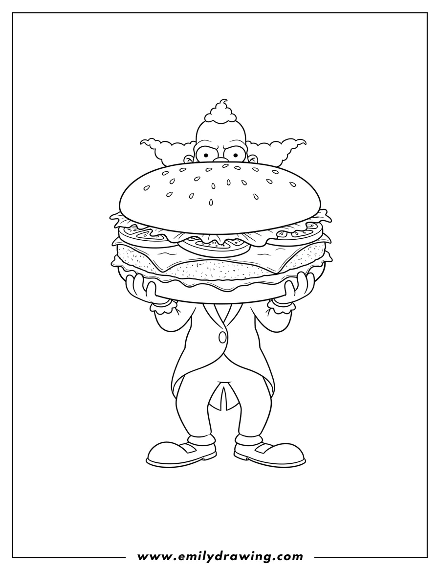 Doodle style coloring picture of krusty the Clown holding a giant Krusty Burger