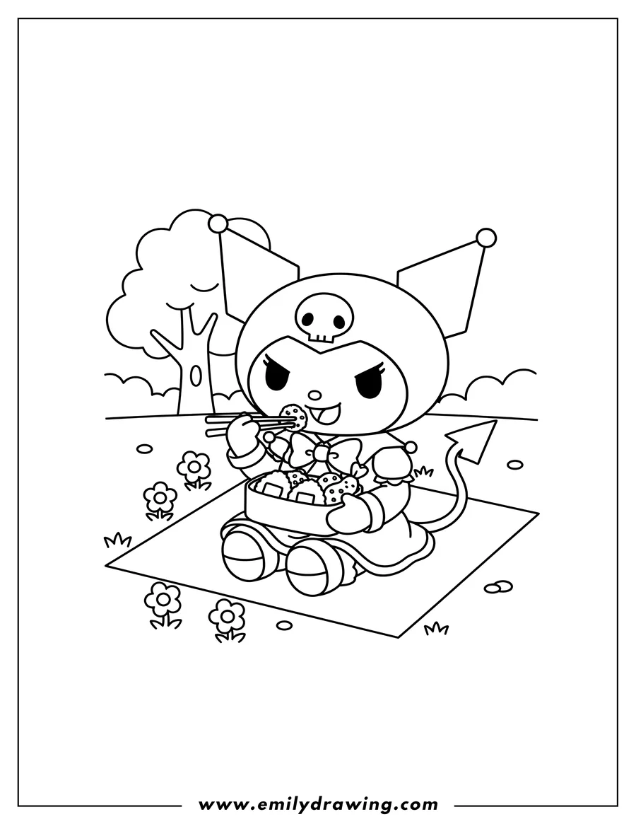 Free printable coloring sheet of easy Kuromi sitting and eating boxed food