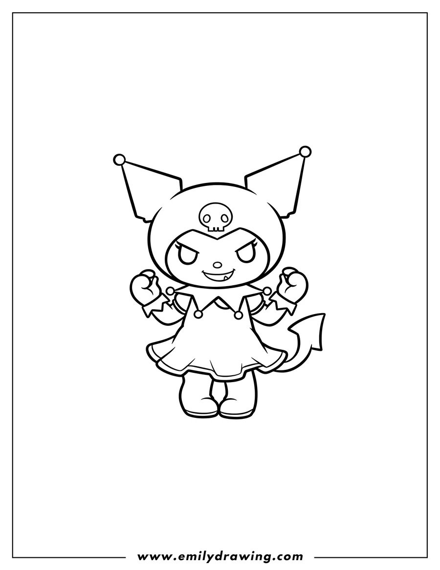 Coloring sheet featuring kuromi With Evil Smile, standing and holding her jester points