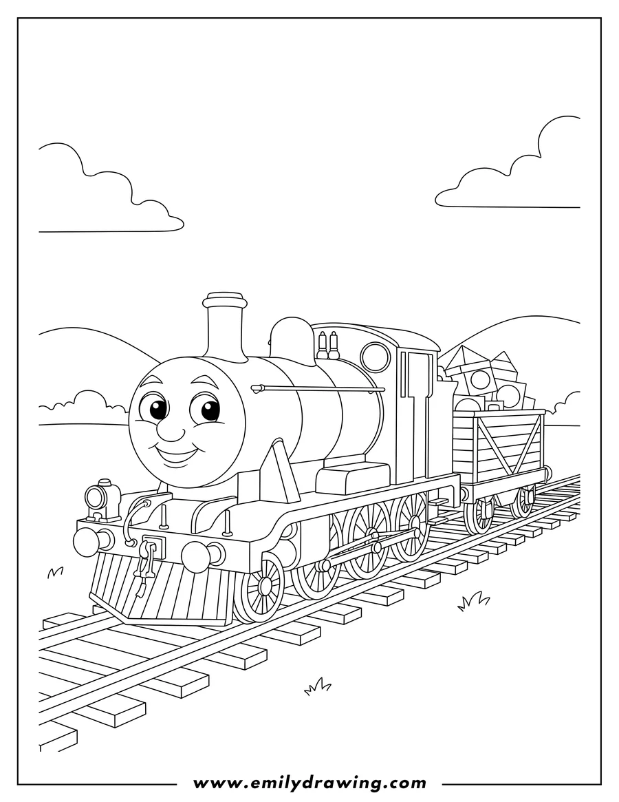 Free printable coloring sheet of easy Lady Thomas Scaled, a friendly train engine pulling a cargo wagon on tracks