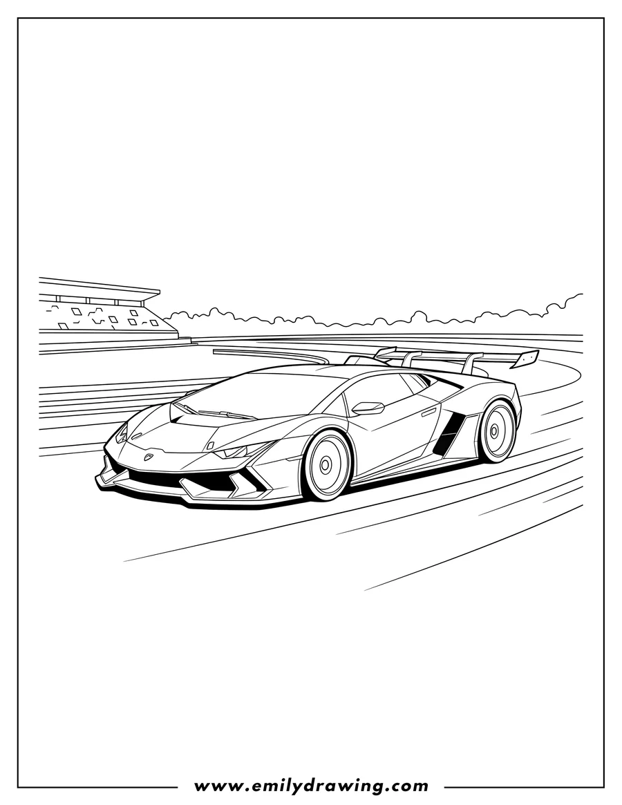 Coloring page of lamborghini race car with a large rear spoiler speeding on a race track, To Color Scaled