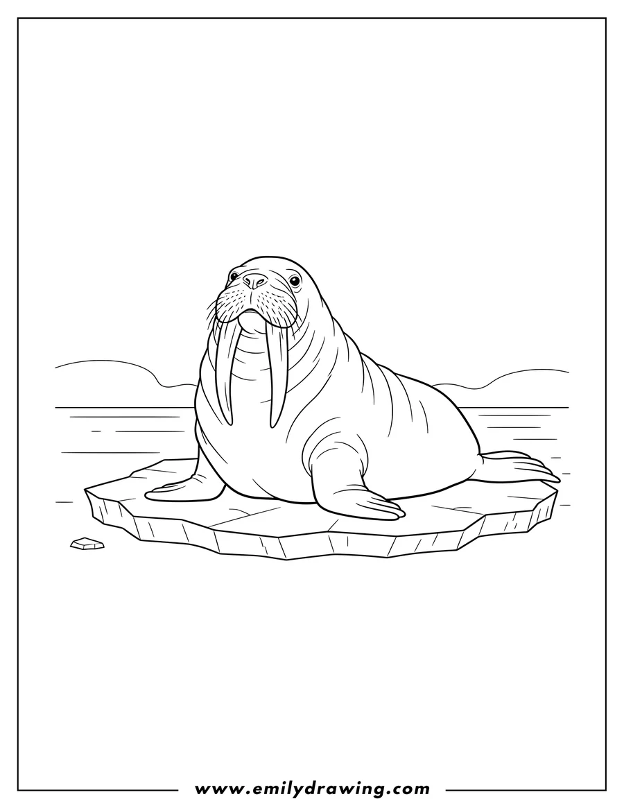 Full page coloring image of large Arctic Walrus with large tusks lying down on ice