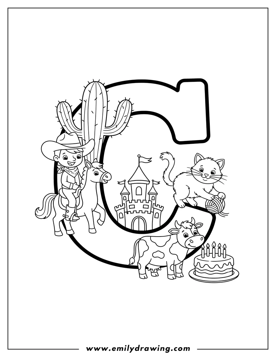Coloring page for kids: large Letter C coloring page, with a cowboy, cactus, castle, cat, cow, and cake inside