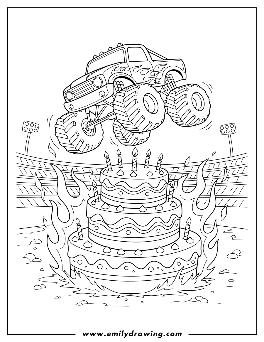 Printable coloring page of large Monster Truck jumping on a three-tiered cake with flames in a stadium