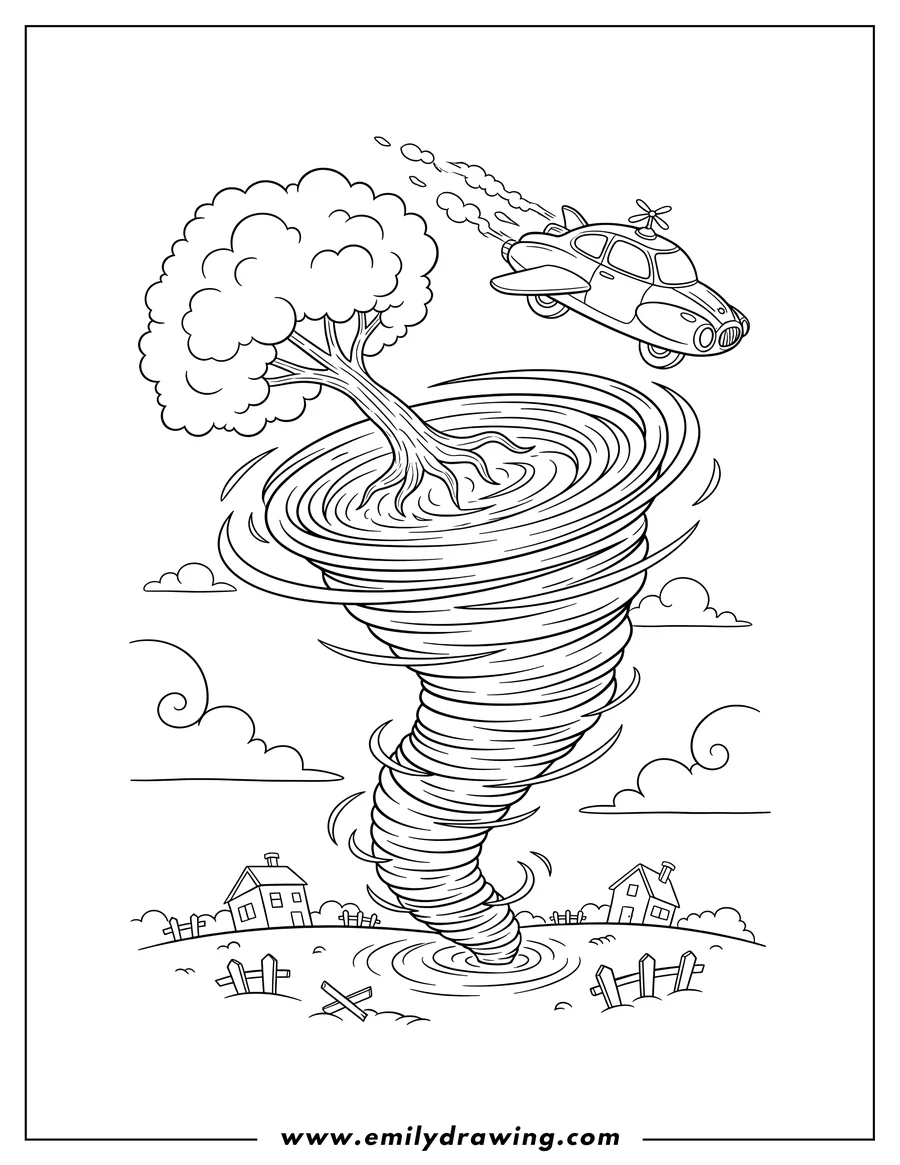 Linear illustration of large Tornado sucking up an uprooted tree and a flying car