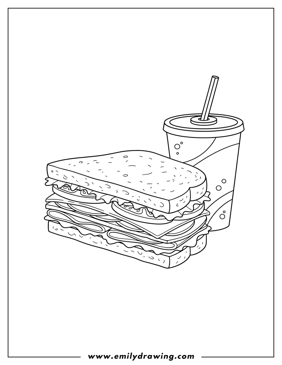 Black and white line art of layered sandwich cut in half with a soda and straw