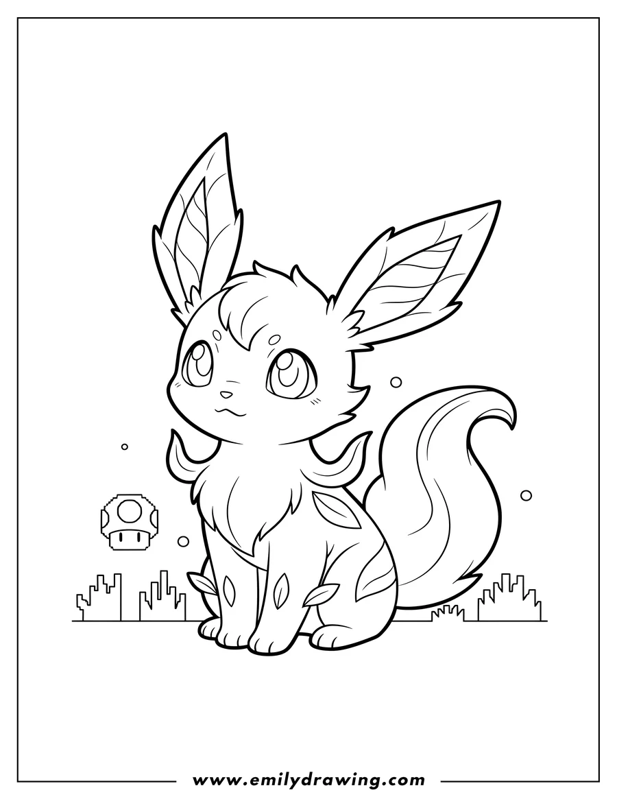 High quality printable leafeon Video Game, cute, sitting and looking up for coloring