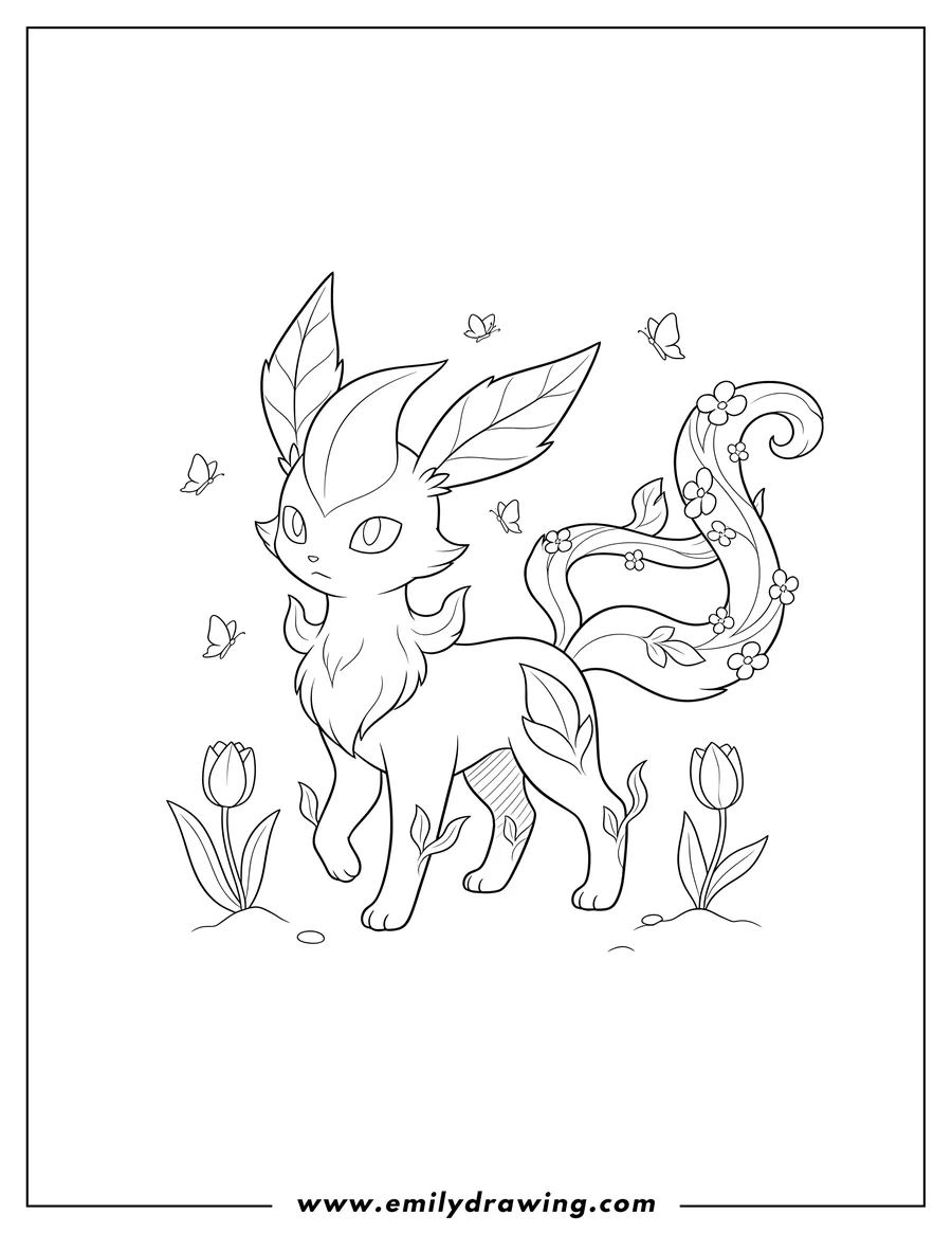 Full page coloring image of easy Leafeon Spring Evolution, standing with leafy ears and a long, segmented tail, coloring page