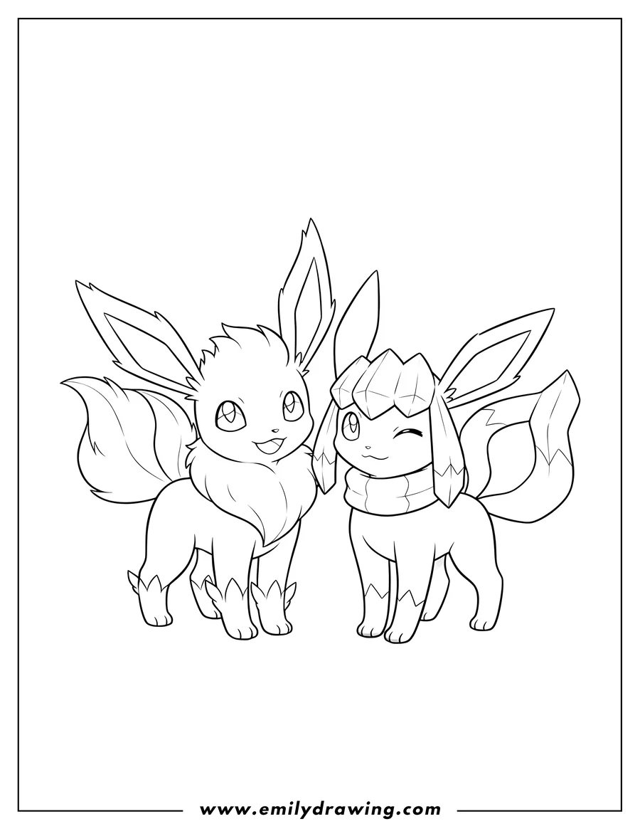 Vector style outline of leafeon With Glaceon Pokemon Poster, standing side-by-side, Glaceon winking, Leafeon smiling