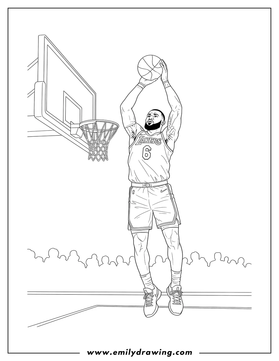 Full page coloring image of lebron James reaching up to dunk, holding a basketball overhead, wearing a Lakers #6 jersey