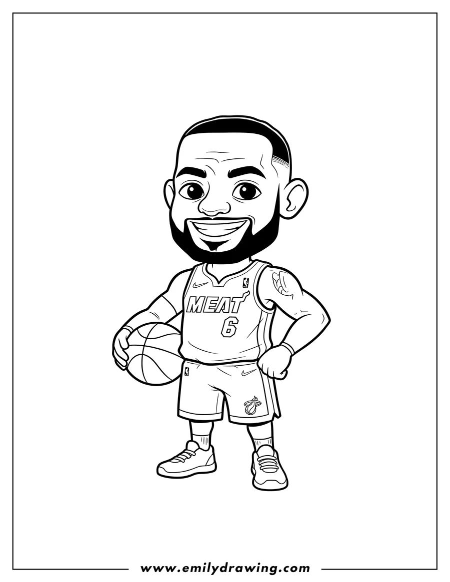 Doodle style coloring picture of lebron James Scaled, wearing a Miami Heat jersey and holding a basketball
