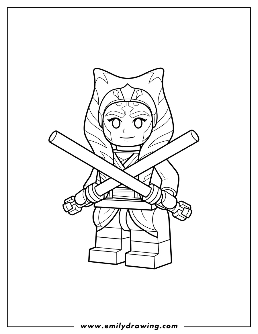 Free to print drawing of easy Lego Ahsoka Tano holding two lightsabers
