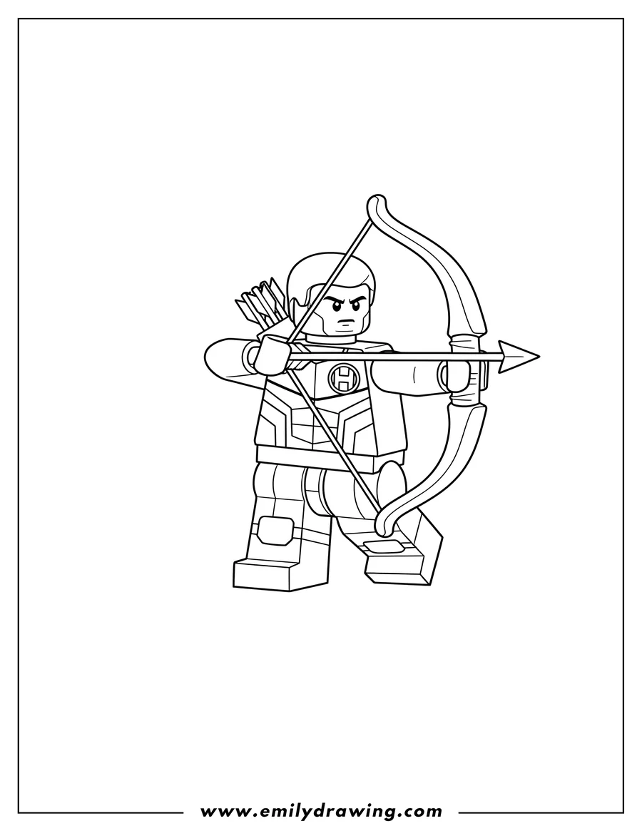 High quality printable easy Lego Avengers Hawkeye drawing his bow and arrow for coloring