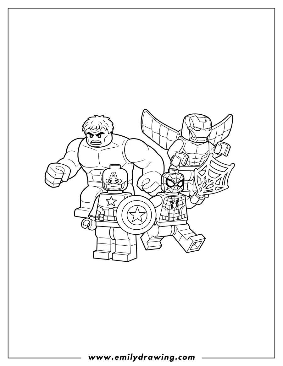 Full page coloring image of easy Lego Avengers team with Captain America and Spider-Man