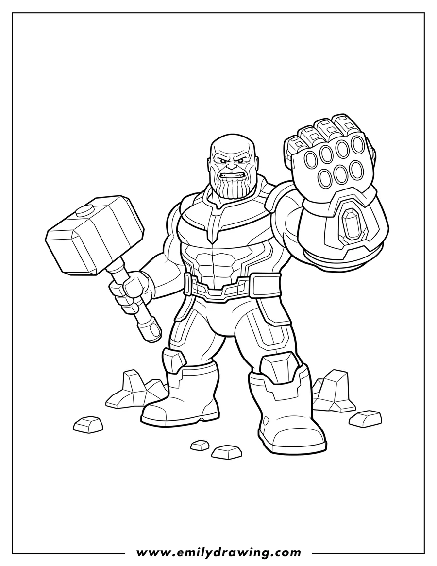 Coloring sheet featuring lego Avengers Thanos standing with a large hammer and clenched Infinity Gauntlet