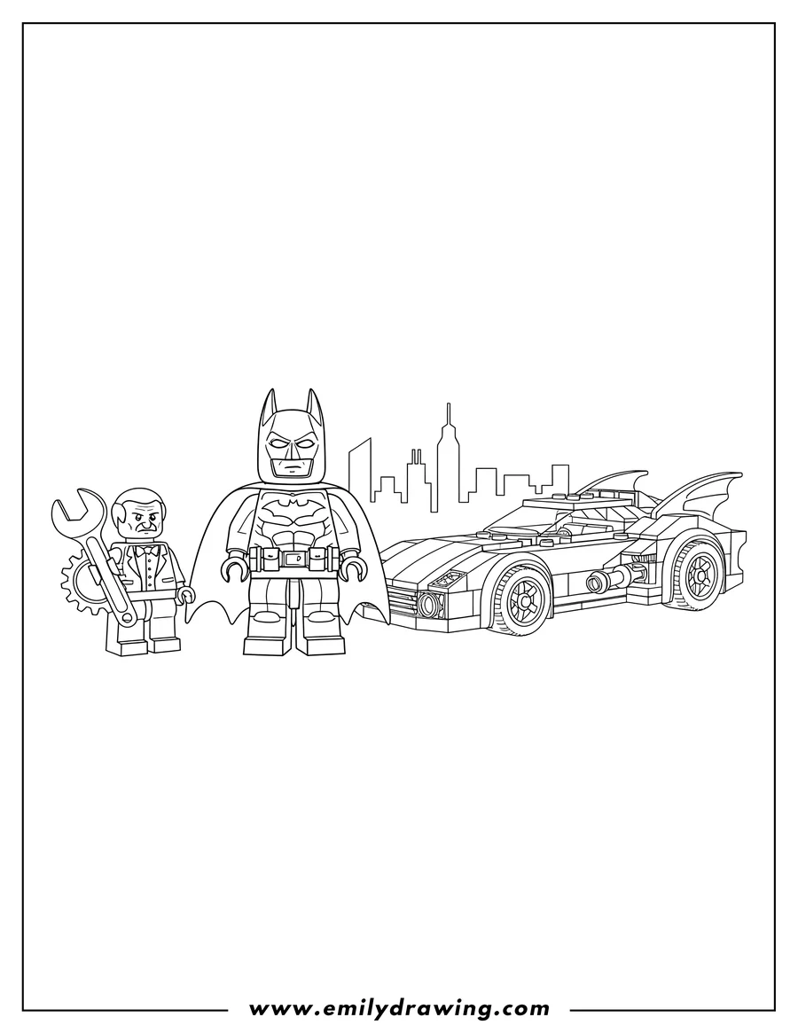Printable line art of lego Batman and Alfred standing next to the Batmobile, with Alfred holding a large tool