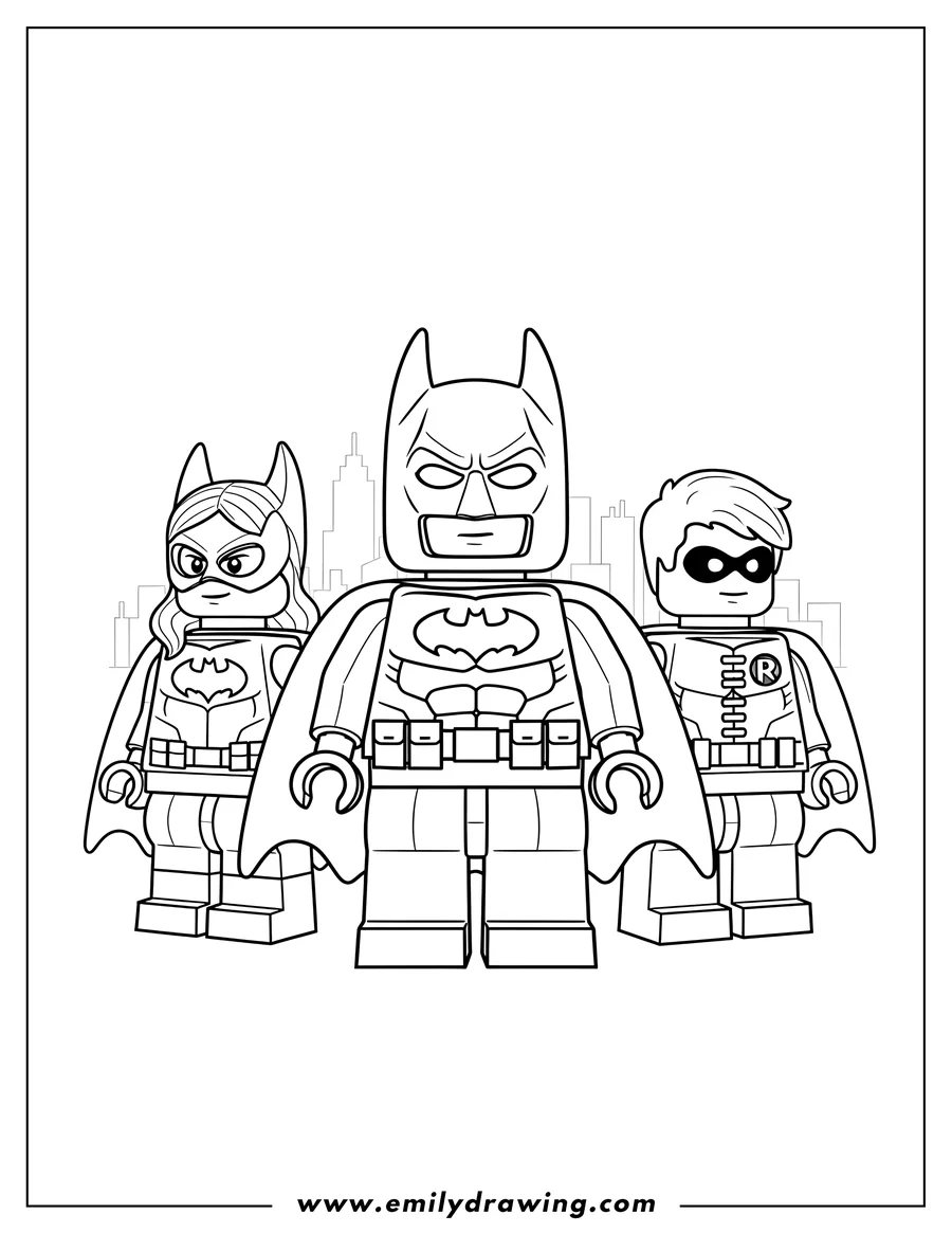 Linear illustration of lego Batman, Batgirl, and Robin standing together