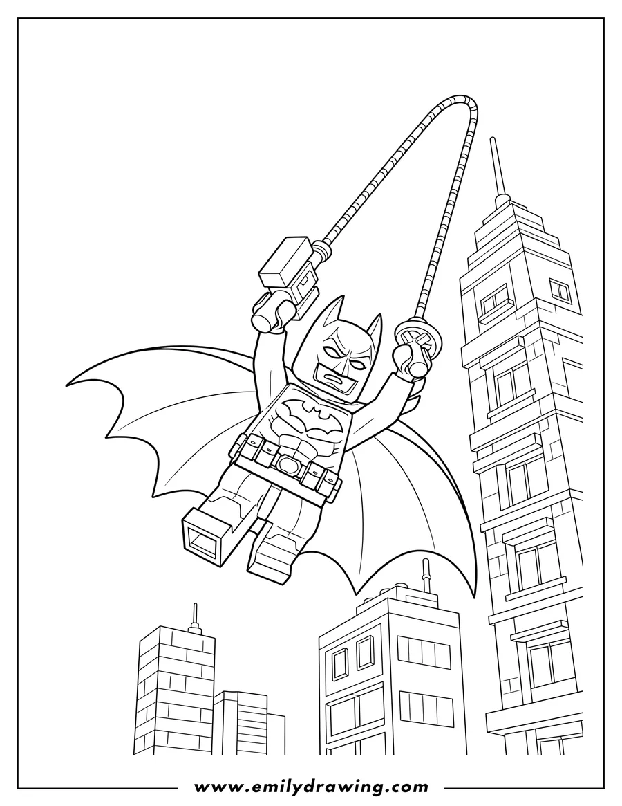 Vector style outline of lego Batman swinging from a building, holding a grappling gun, with his cape spread