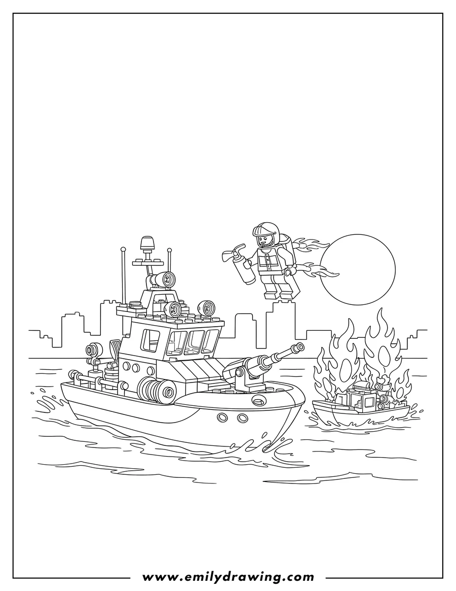 Printable coloring page of lego City Fire Rescue Boat, with a firefighter flying a jetpack and a burning boat