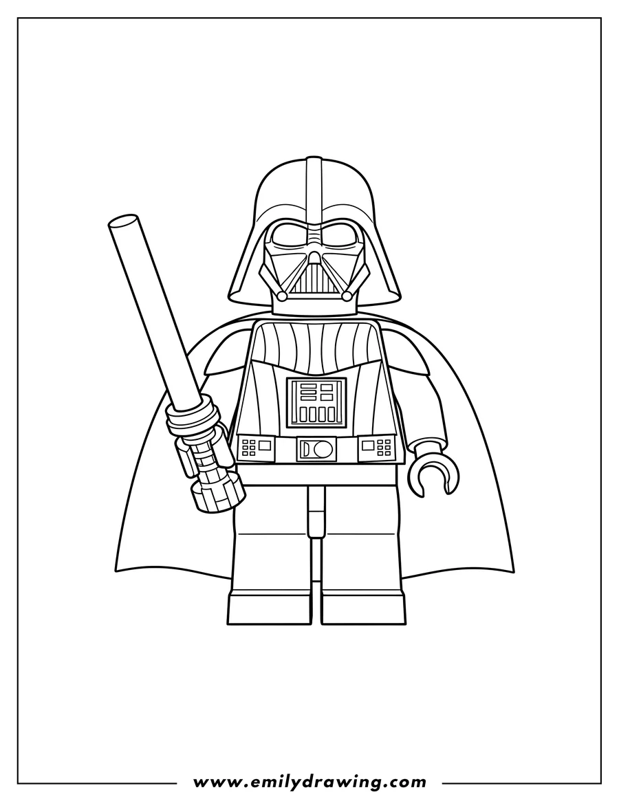 Clean line drawing: lego Darth Vader holding an ignited lightsaber and wearing his cape