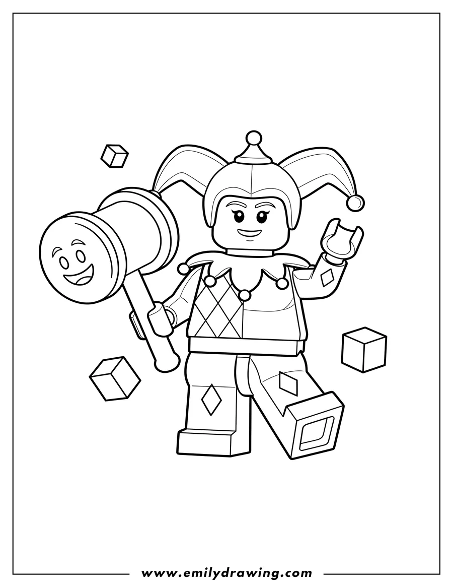 Coloring sheet featuring easy Lego Harley Quinn with pigtails and a jester outfit