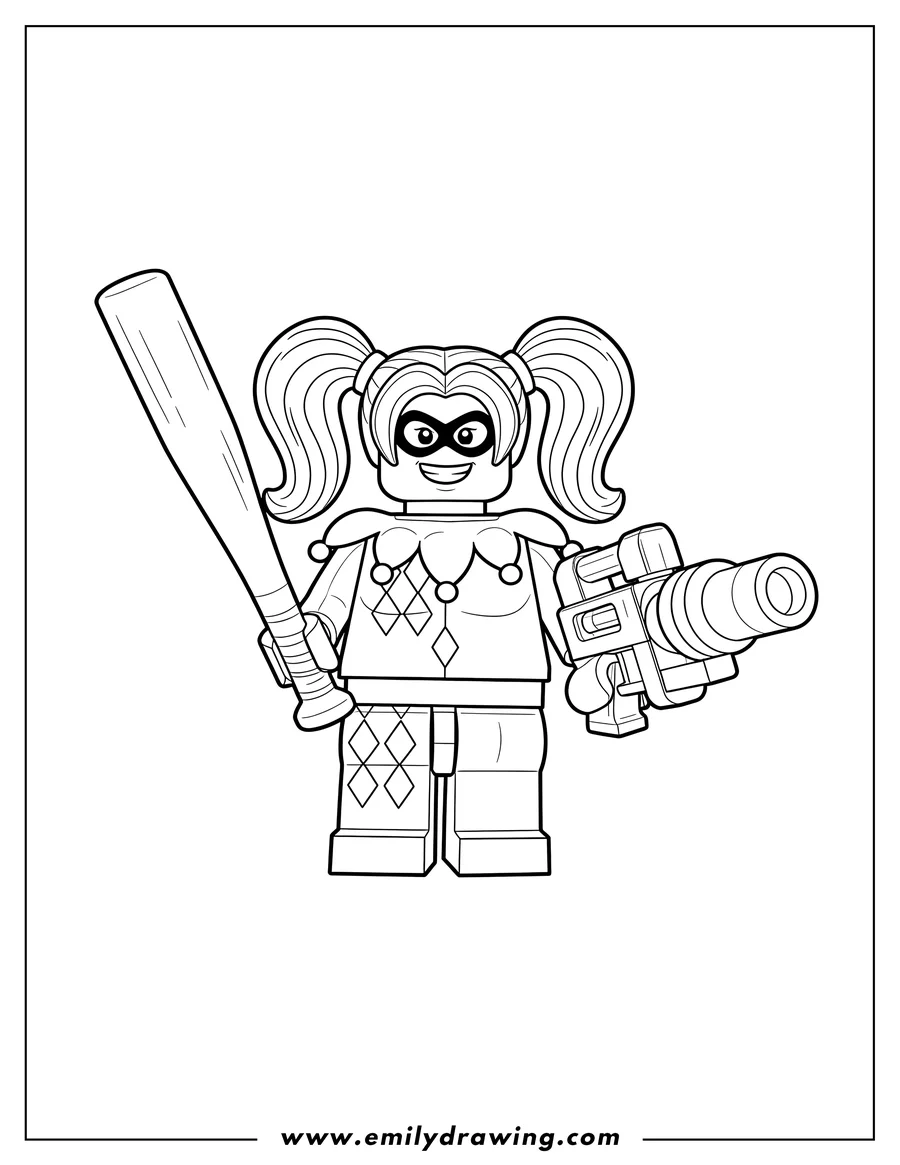 PDF style coloring page: lego Harley Quinn with pigtails holding a baseball bat and a blaster
