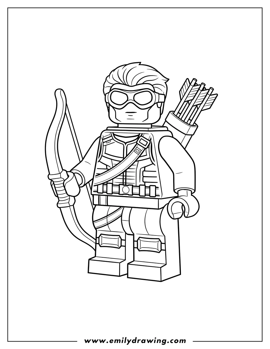 Clean line drawing: easy Lego Hawkeye wearing goggles and a tactical vest