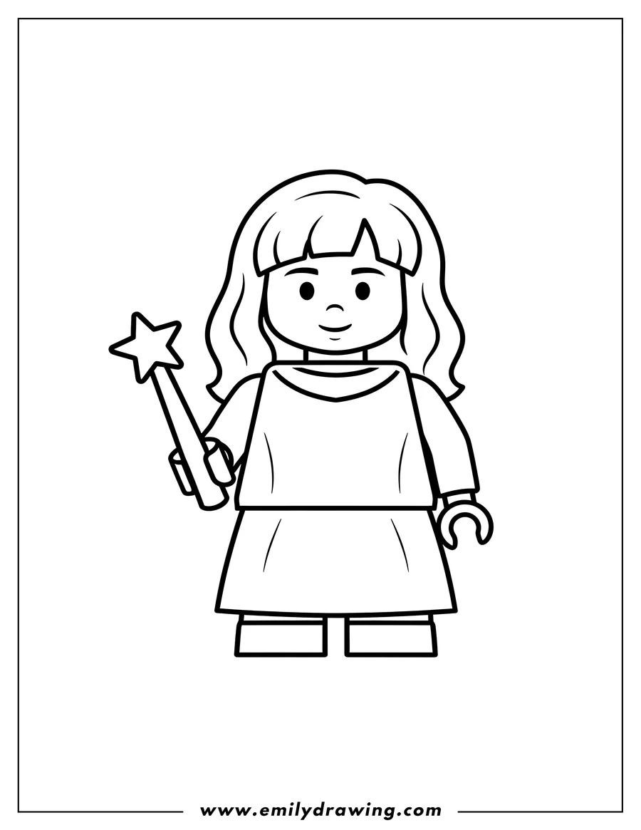 Printable coloring page of easy Lego Hermione Granger Preschoolers holding a wand