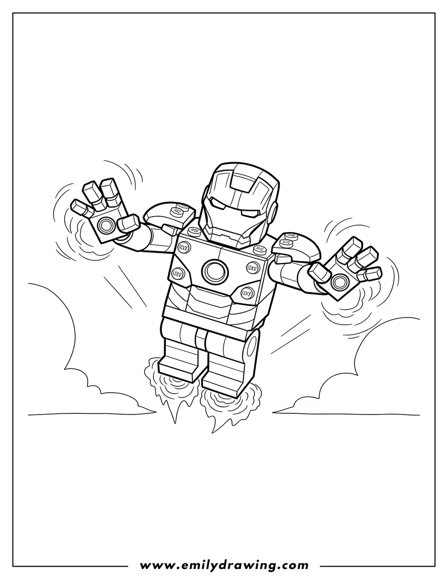 Printable line art of easy Lego Iron Man flying with outstretched arms and circular hand thrusters