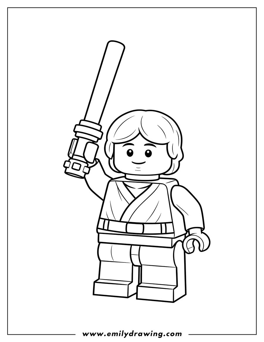 Linear illustration of easy Lego Luke Skywalker Preschoolers holding a lightsaber above his head