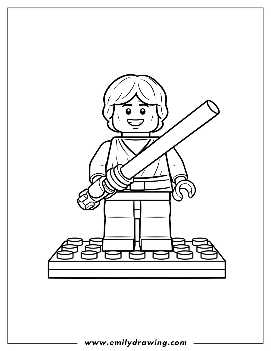 Vector style outline of easy Lego Luke Skywalker smiling and holding a lightsaber