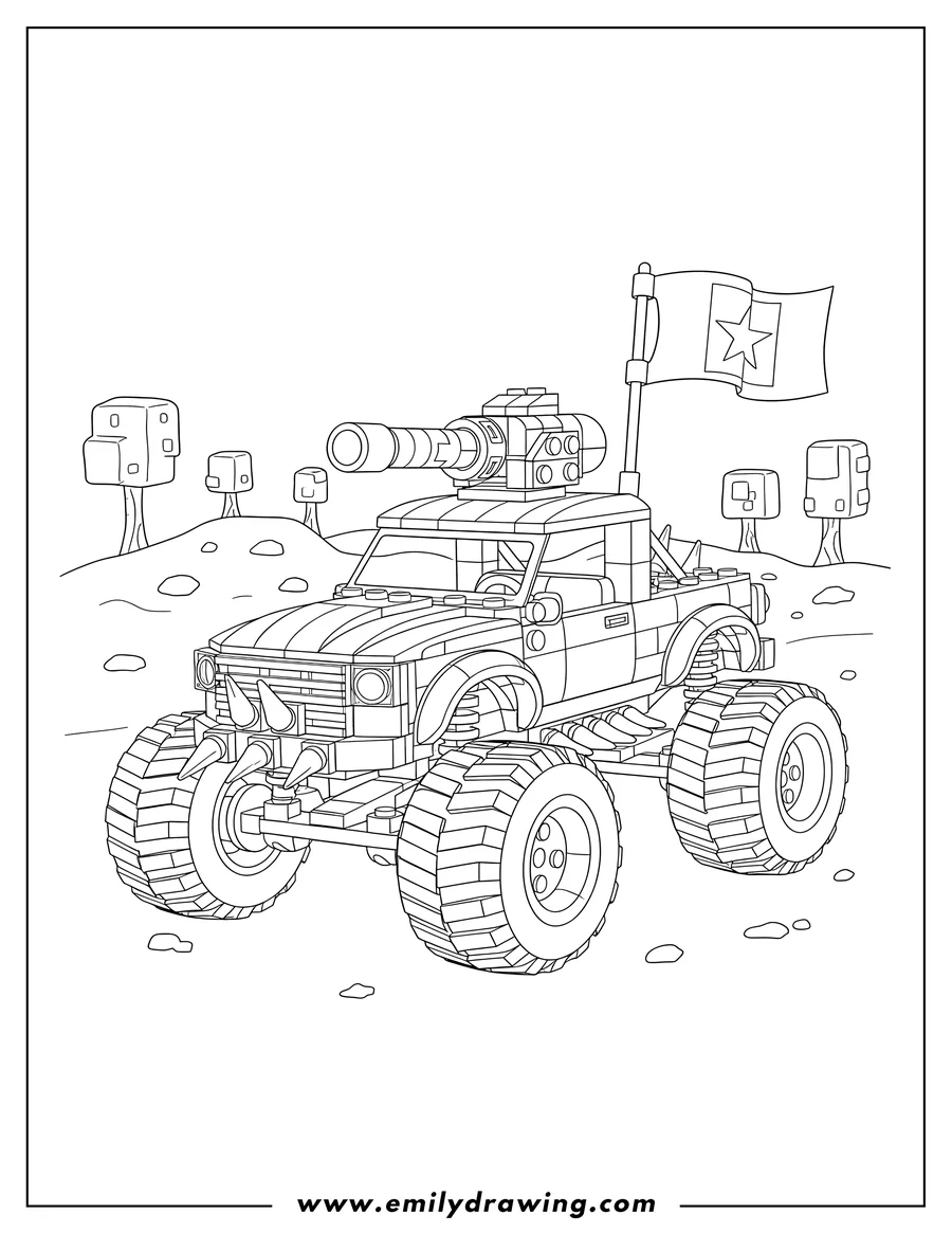 Printable line art of lego Monster Truck Scaled with spikes and a flag