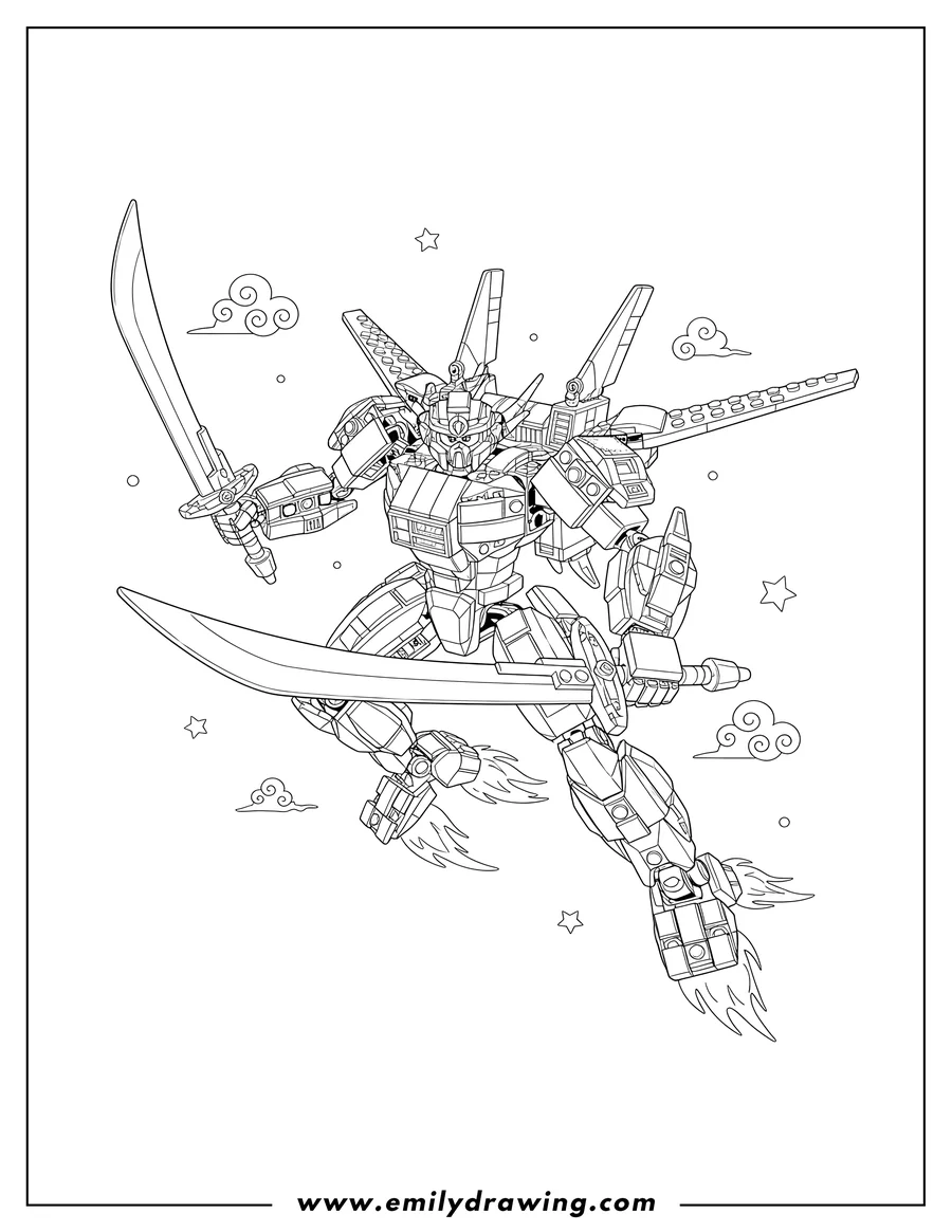 Free printable coloring sheet of lego 71765 Ninjago Ninja Ultra Combo Mech holding a sword, flying