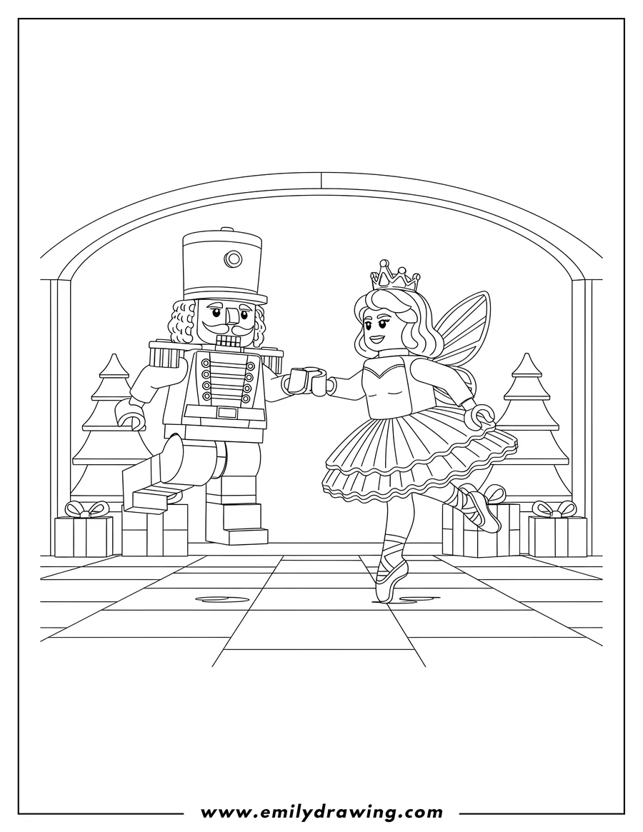 Downloadable coloring page of lego Nutcracker and Sugar Plum Fairy holding hands and dancing ballet