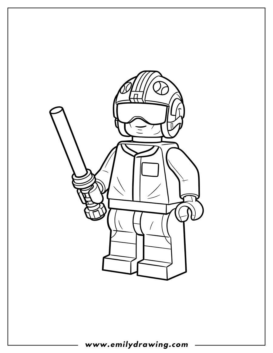 Coloring sheet featuring lego Pilot Luke Skywalker wearing his pilot helmet and holding a lightsaber
