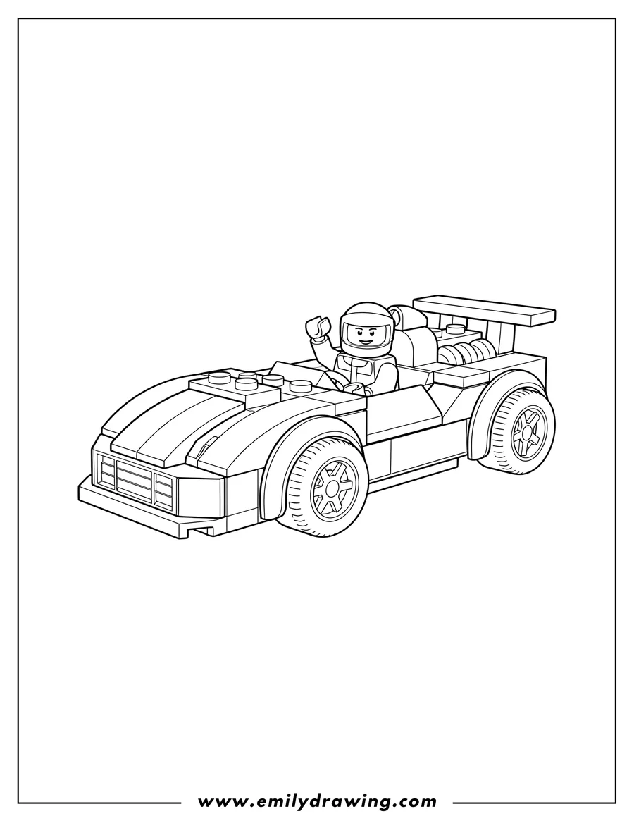 Black and white line art of lego Race Car with a waving minifigure driver