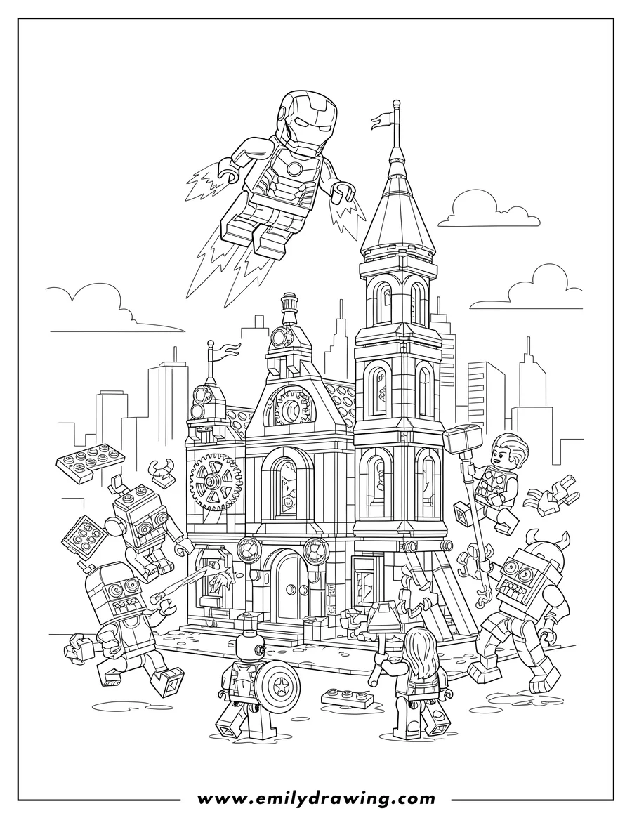 Outline drawing of lego Sanctum Sanctorum With Marvel Avengers battling alien invaders and Iron Man flying on the building