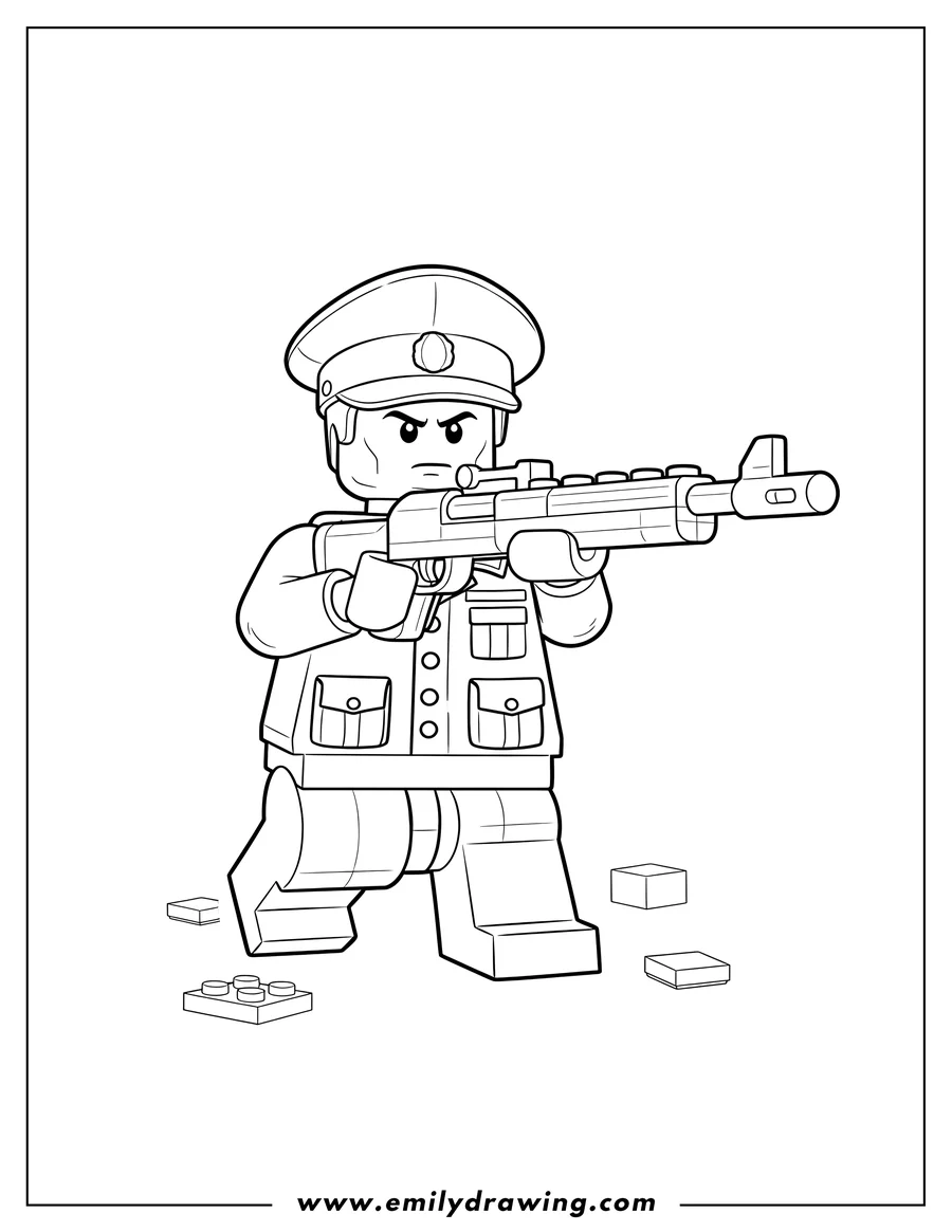 Downloadable coloring page of A Lego soldier wearing a cap, aiming a rifle, with a determined expression
