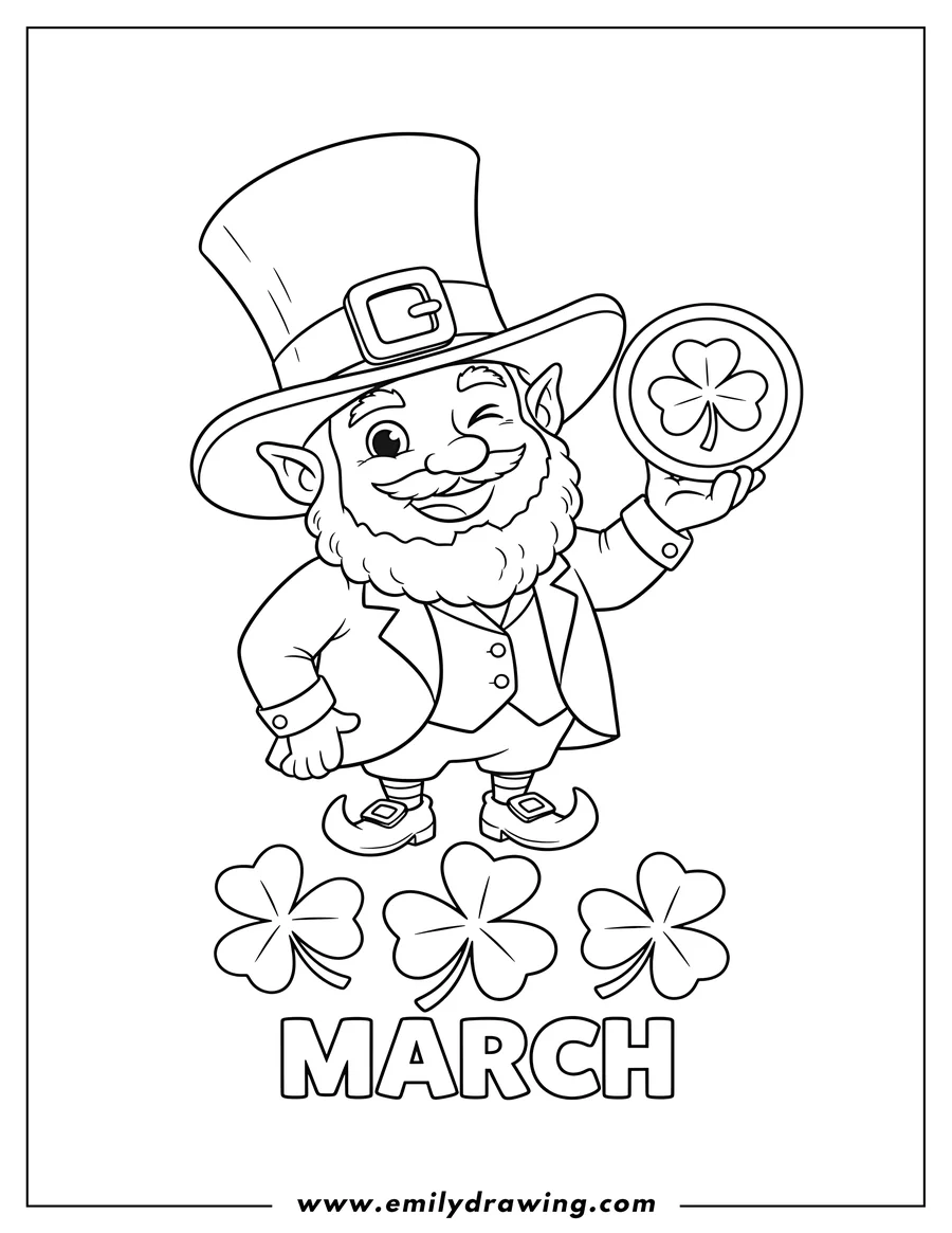 Free to print drawing of A leprechaun in a tall hat, holding a gold coin, with shamrocks and the word MARCH below