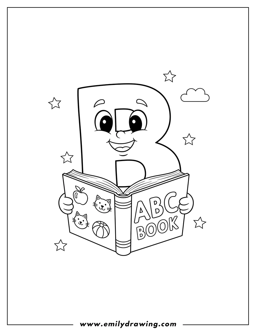 Coloring sheet featuring easy Letter B With Alphabet Book, featuring 'ABC' on its cover and the word 'book' below