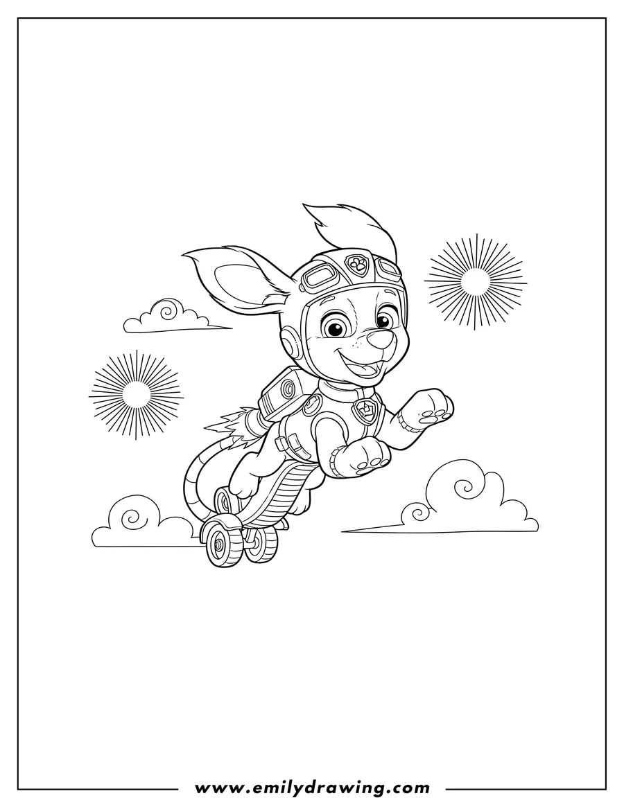 PDF style coloring page: liberty Dog from Paw Patrol flying happily in her uniform