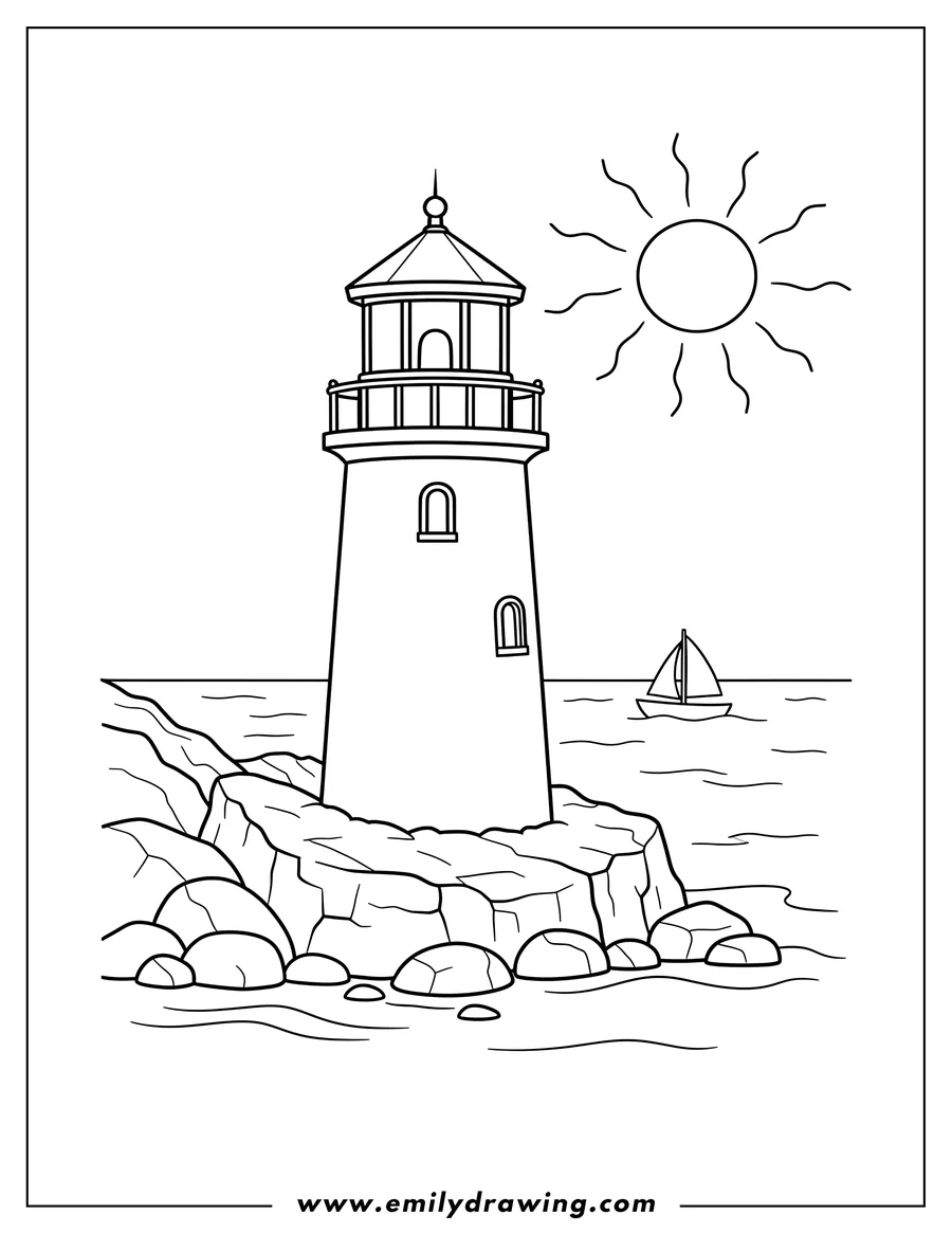 Free printable coloring sheet of easy Lighthouse With Sailboat in the Distance, on a rocky shore